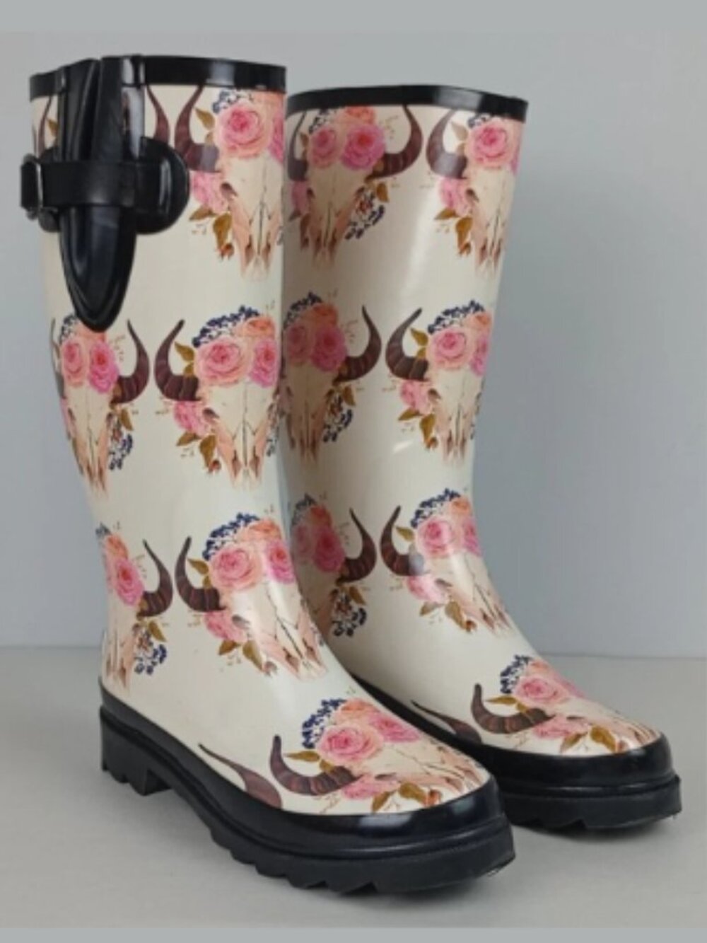 M&F‎ Western Danielle Brown Blazin Roxx Women's 6 Bull Skull Floral Rubber Boots